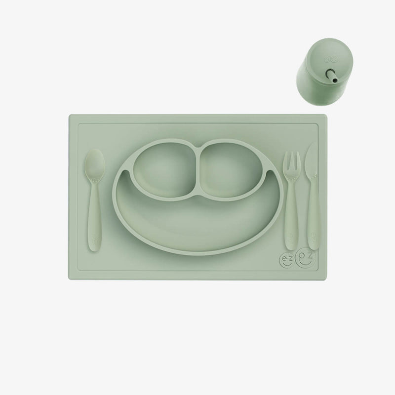 ezpz Happy Feeding Set in Sage / Silicone, Self-Suctioning Plate, Silicone Cup and Straw, Training Utensils for Toddlers #color_sage
