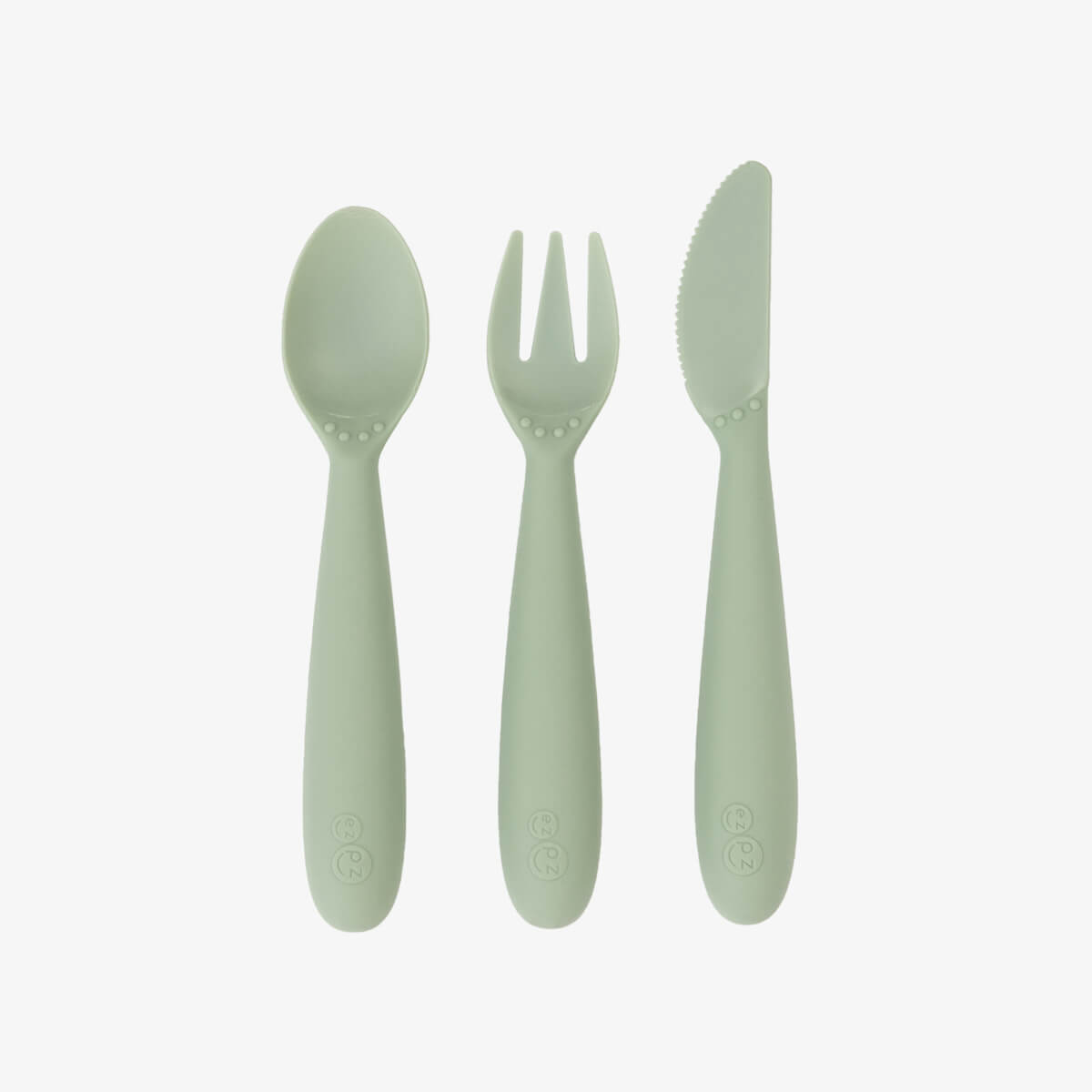 Happy Utensils in Sage by ezpz / Silicone Spoon, Fork and Knife Set for Kids #color_sage