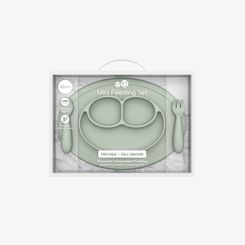 Mini Feeding Set in Sage by ezpz / Silicone Plate, Fork & Spoon for Toddlers #color_sage