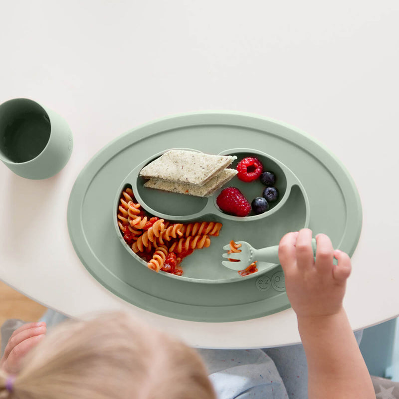 Mini Utensils in Sage by ezpz / Sensory Silicone Fork & Spoon for Toddlers #color_sage
