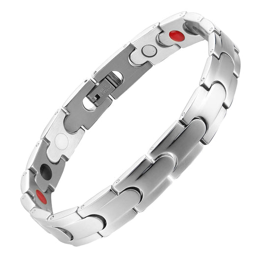 Stainless Steel Energy Bracelet 4-in-1 Model B113 in Silver Color with Energy-Enhancing Magnets