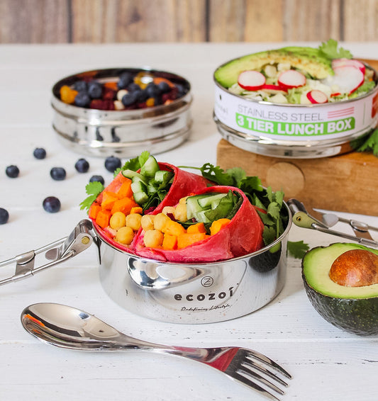 Stainless Steel 3-Tier Round Lunch Box with Spork – 40 oz by ecozoi