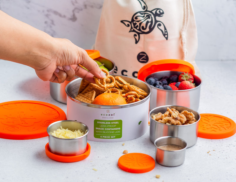 Stainless Steel Eco Snack Containers, Leak Proof, 6 Pc Set with Cotton Carrying Case, 78 Oz or 2300 ml freeshipping - ecozoi