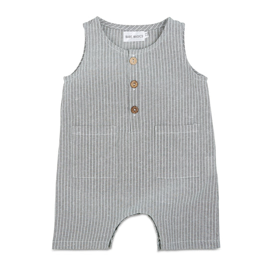 Grey & White Striped Linen Baby Romper – Soft, Stretchy & Stylish by Babe Basics (6–24M)
