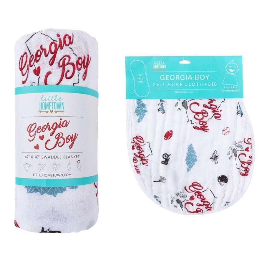 Gift set with Georgia Boy muslin swaddle blanket and burp cloth/bib combo, featuring state-themed designs.