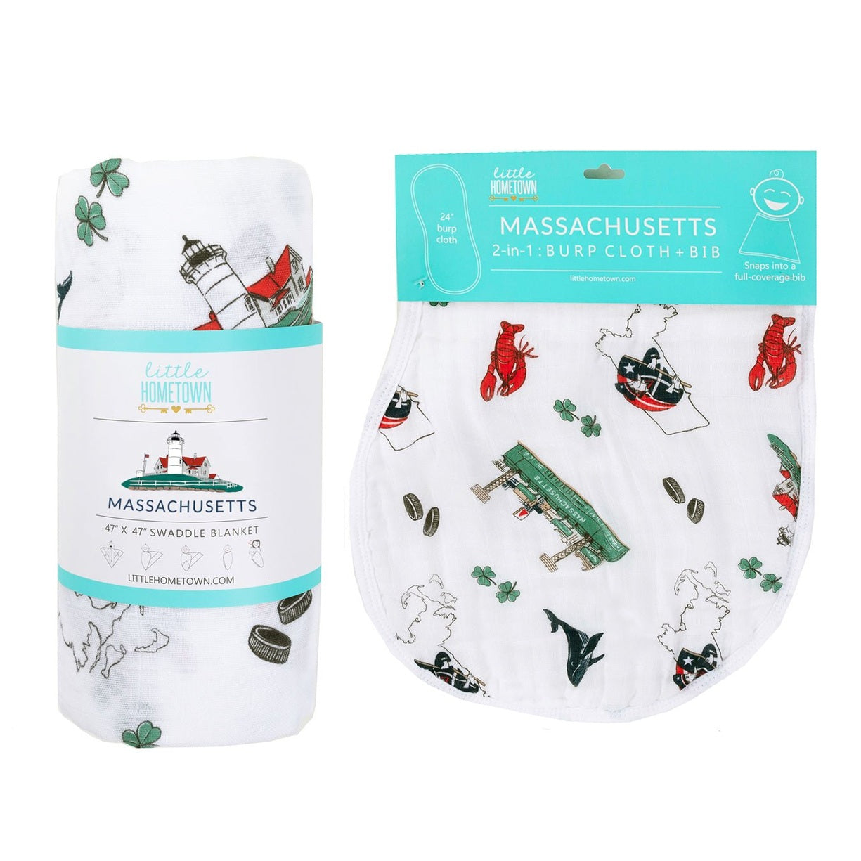 Gift Set: Massachusetts Baby Muslin Swaddle Blanket and Burp Cloth/Bib Combo - Little Hometown