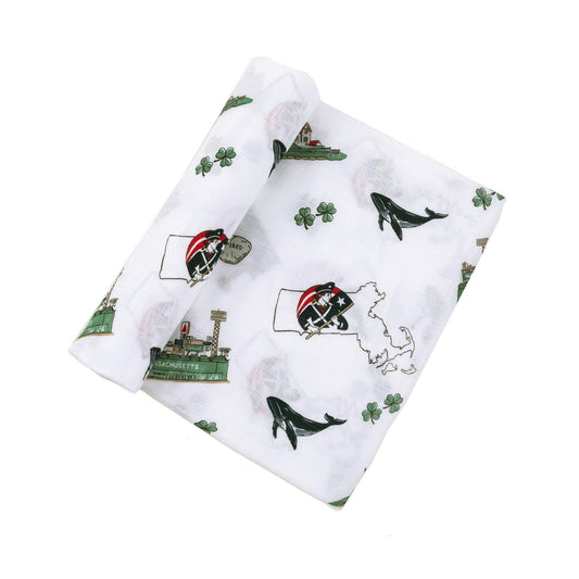 Massachusetts-themed baby gift set with muslin swaddle blanket and burp cloth, featuring state icons and landmarks.