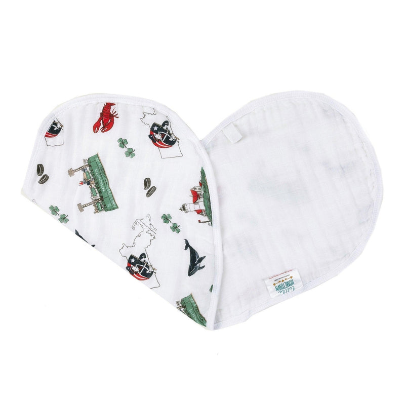 Massachusetts-themed baby gift set with muslin swaddle blanket and burp cloth, featuring state icons and landmarks.