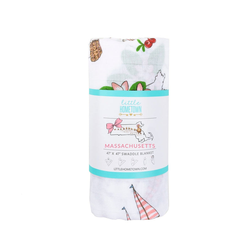 Gift Set: Massachusetts Floral Baby Muslin Swaddle Blanket and Burp Cloth/Bib Combo - Little Hometown