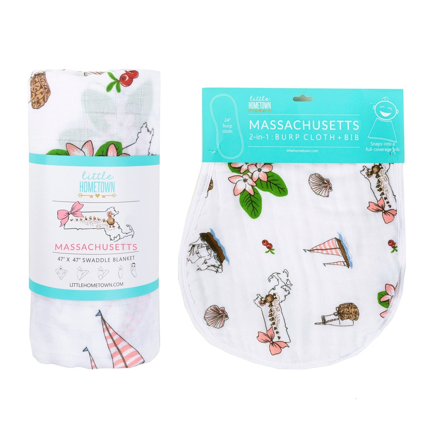 Gift Set: Massachusetts Floral Baby Muslin Swaddle Blanket and Burp Cloth/Bib Combo - Little Hometown