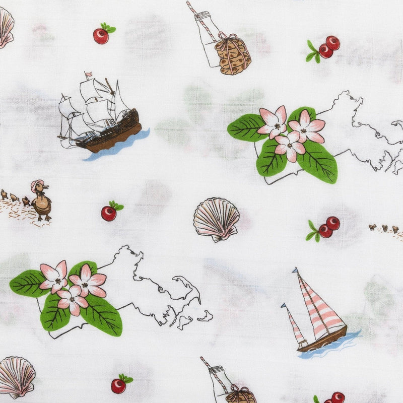 Massachusetts-themed baby swaddle and burp cloth set with floral designs, featuring state map and landmarks.