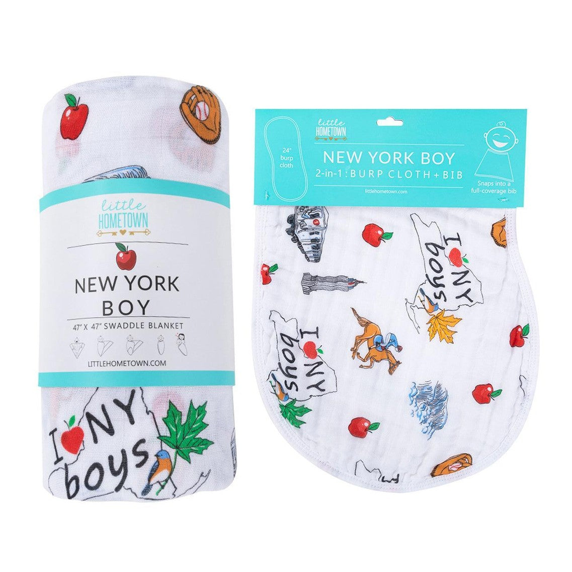 Blue and white muslin swaddle blanket and burp cloth set with New York-themed illustrations for baby boys.