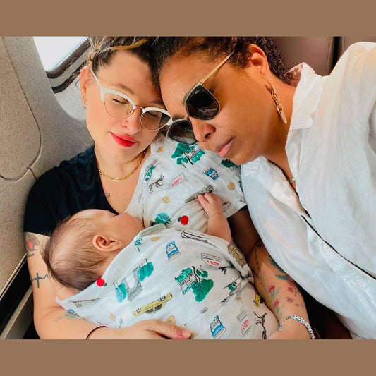 New York City-themed baby gift set with muslin swaddle blanket and burp cloth, featuring iconic landmarks.