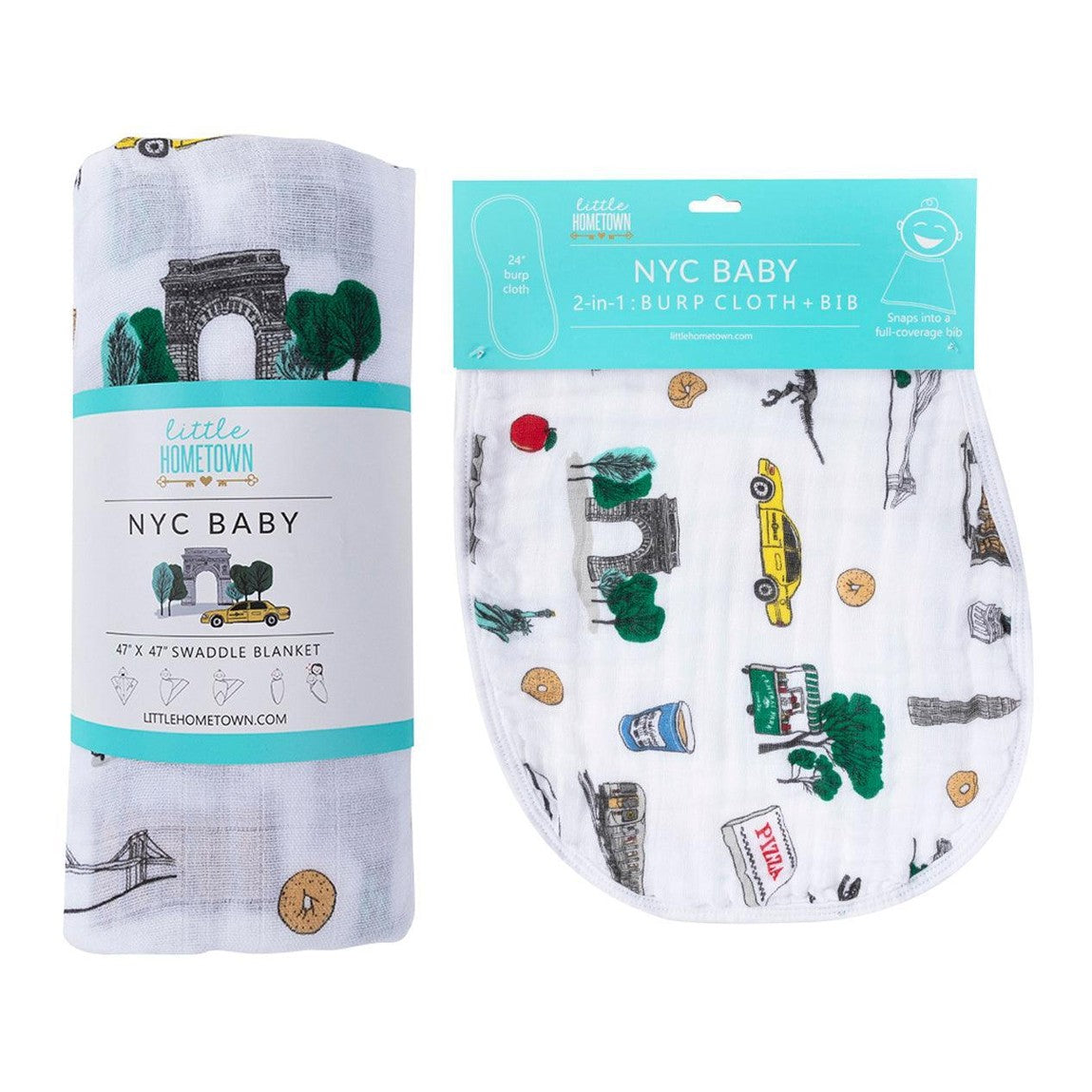 New York City-themed baby gift set with muslin swaddle blanket and burp cloth, featuring iconic city landmarks.