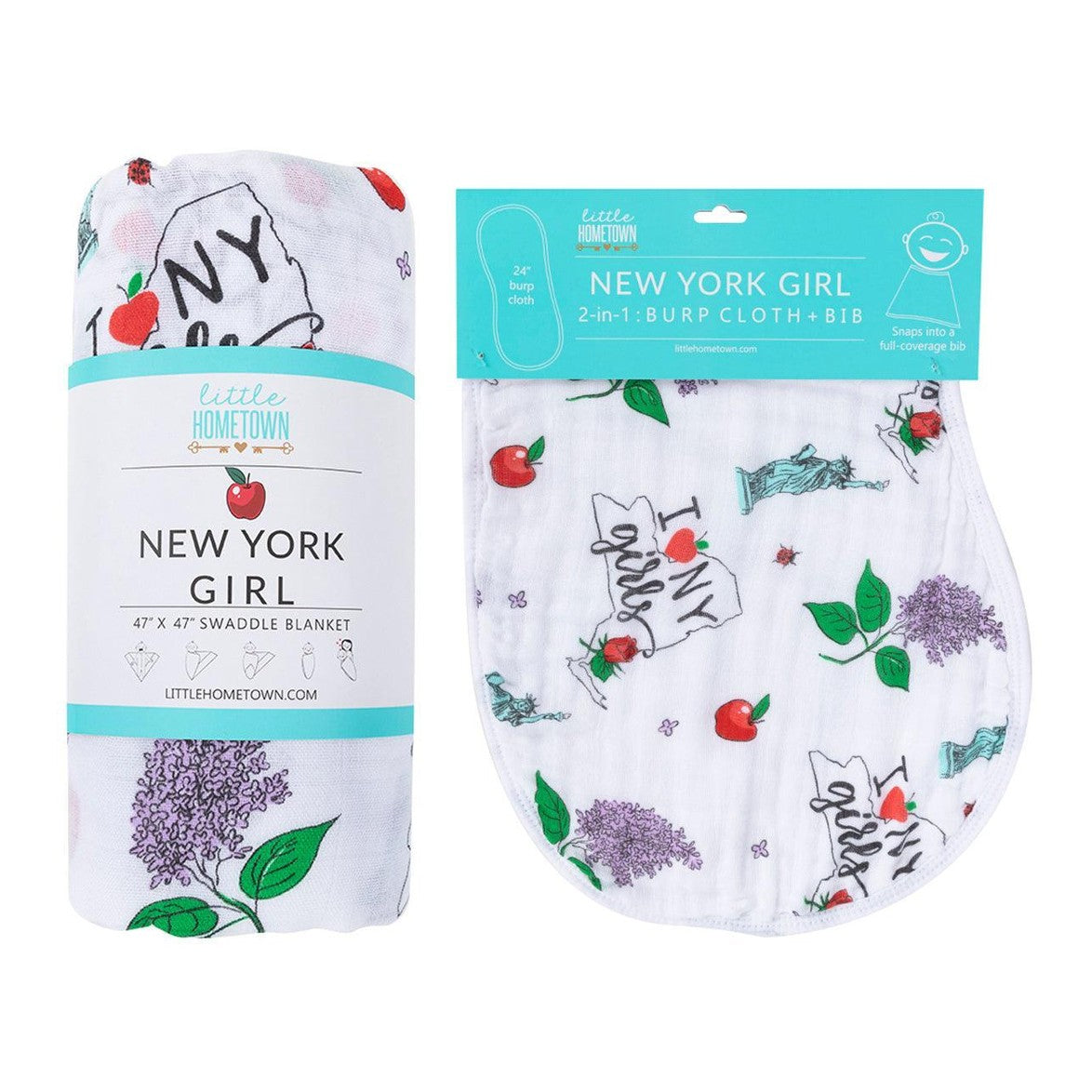 New York-themed baby gift set with muslin swaddle blanket and burp cloth, featuring iconic city landmarks.