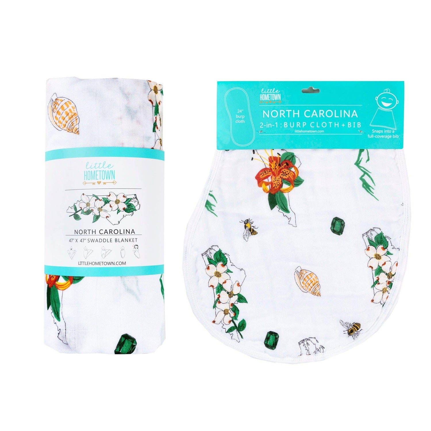 North Carolina-themed baby gift set with floral muslin swaddle blanket and matching burp cloth/bib combo.