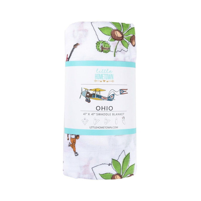 Ohio-themed baby gift set with muslin swaddle, receiving blanket, and burp cloth bib, featuring state icons.