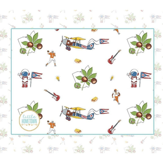 Ohio-themed baby gift set with muslin swaddle, receiving blanket, and burp cloth bib, featuring state icons.