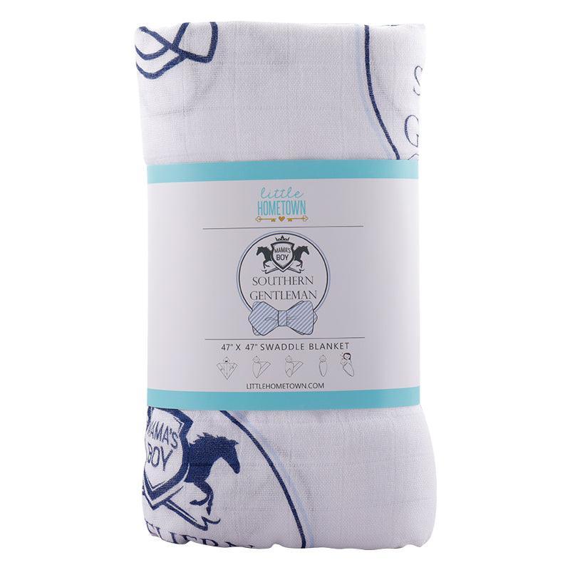 Southern Gentleman baby gift set with muslin swaddle blanket and burp cloth/bib combo, featuring a bowtie design.
