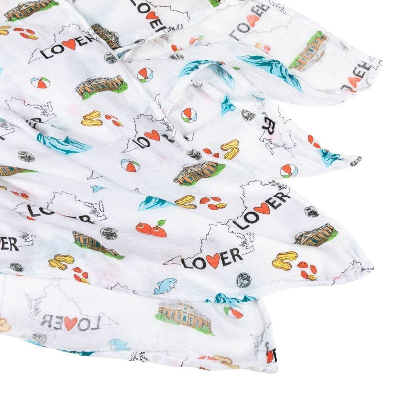 Virginia-themed baby gift set with muslin swaddle blanket and burp cloth/bib combo, featuring state icons.