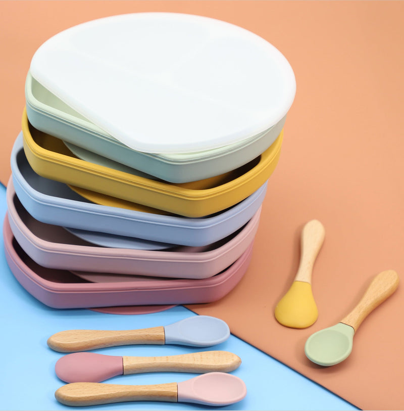 Baby Silicone Compartment Plate With Wooden Spoon, MyKids-USA®, Baby Gift Sets, MyKids-USA - - - - - - -