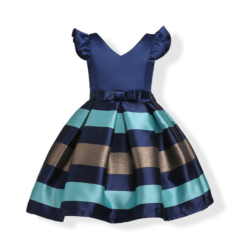 Baby Girl Striped Pattern V-Neck Western Style Formal Dress, MyKids-USA®, Baby & Toddler Dresses, MyKids-USA - Size/Age - 100 (2-3Y) - Color - Blue - - - JM2206102053-C
