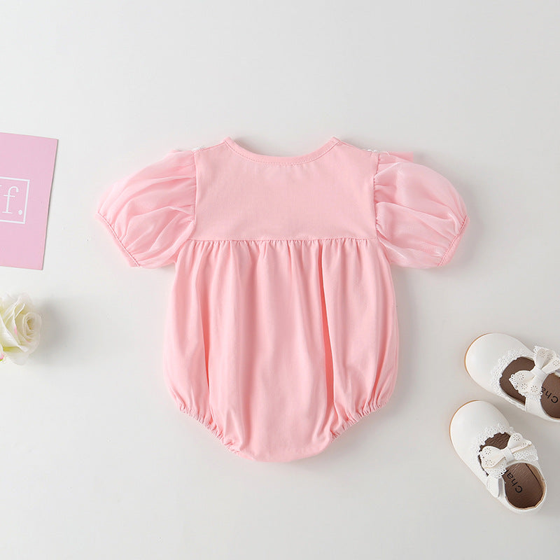 Baby Girl Round Collar Short-Sleeved Small Daisy Pattern Flounce Design Embroidered Onesies, MyKids-USA®, Baby & Toddler Outfits, MyKids-USA - - - - - - -