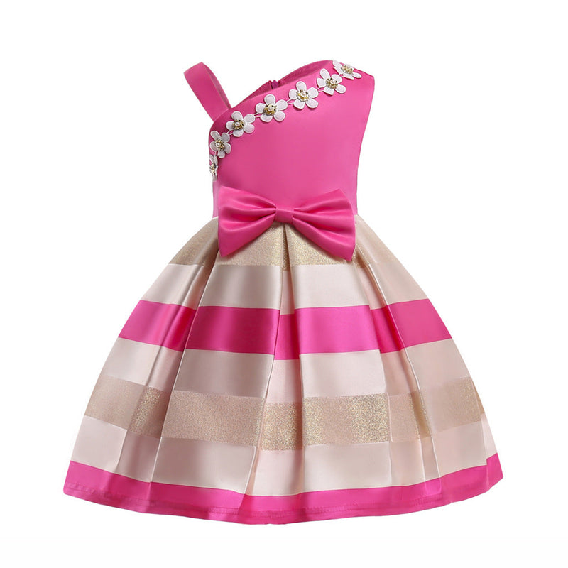 Baby Girl Floral Patched Pattern Striped Tutu Princess Dress One Shoulder Dress, MyKids-USA®, Baby & Toddler Dresses, MyKids-USA - Size/Age - 100 (2-3Y) - Color - Pink - - - JM2206102124-A