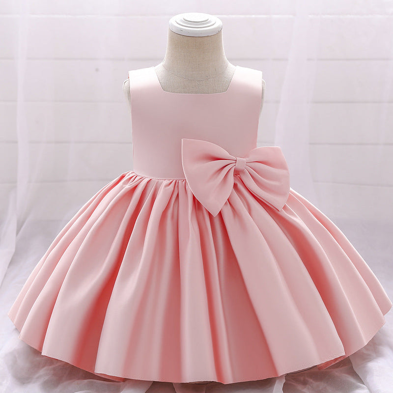 Baby Girl Solid Color Bow Patched Design Sleeveless Western Style Satin Dress, MyKids-USA®, Baby & Toddler Dresses, MyKids-USA - Size/Age - 73 (6-9M) - Color - Light Pink - - - JM2206172358