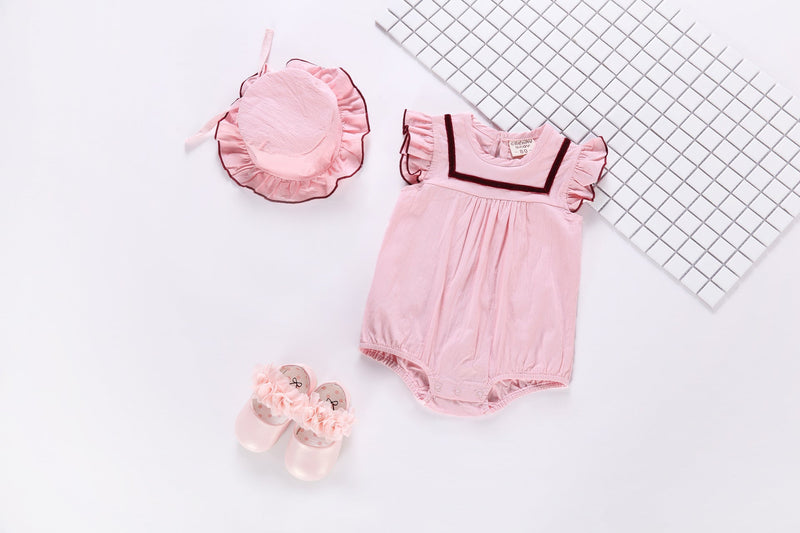 Baby 1pcs Contrast Tape Patched Frill Trim Sleeveless Onesies & Hat, MyKids-USA®, Baby One-Pieces, MyKids-USA - Size/Age - 80 (9-12M) - Color - Pink - - - JM2205081450