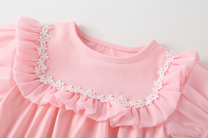 Baby Girl Round Collar Short-Sleeved Small Daisy Pattern Flounce Design Embroidered Onesies, MyKids-USA®, Baby & Toddler Outfits, MyKids-USA - - - - - - -