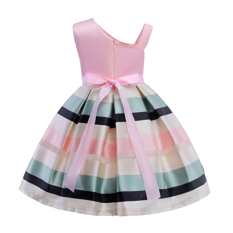 Baby Girl Floral Patched Pattern Striped Tutu Princess Dress One Shoulder Dress, MyKids-USA®, Baby & Toddler Dresses, MyKids-USA - - - - - - -