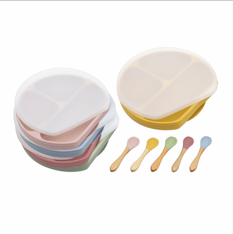 Baby Silicone Compartment Plate With Wooden Spoon, MyKids-USA®, Baby Gift Sets, MyKids-USA - - - - - - -