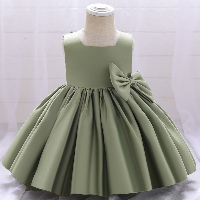 Baby Girl Solid Color Bow Patched Design Sleeveless Western Style Satin Dress, MyKids-USA®, Baby & Toddler Dresses, MyKids-USA - Size/Age - 73 (6-9M) - Color - Green - - - JM2206172358