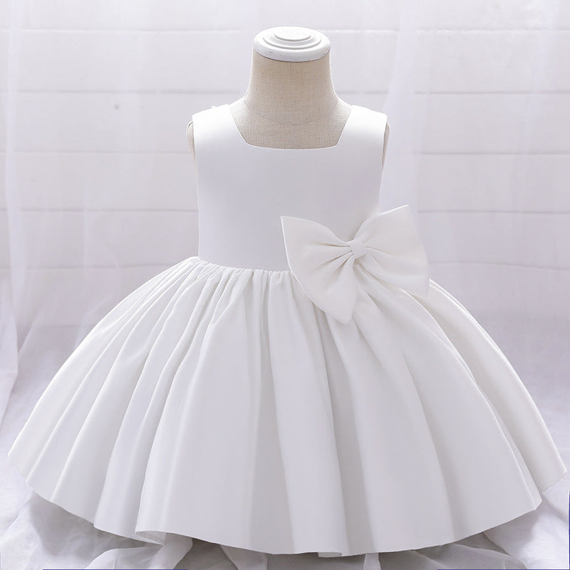 Baby Girl Solid Color Bow Patched Design Sleeveless Western Style Satin Dress, MyKids-USA®, Baby & Toddler Dresses, MyKids-USA - Size/Age - 73 (6-9M) - Color - White - - - JM2206172358