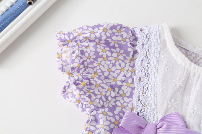 Baby Girl Floral Pattern Lace Patchwork Round Collar Short-Sleeved Colorful Cotton Onesies With Hat, MyKids-USA®, Baby & Toddler Outerwear, MyKids-USA - - - - - - -