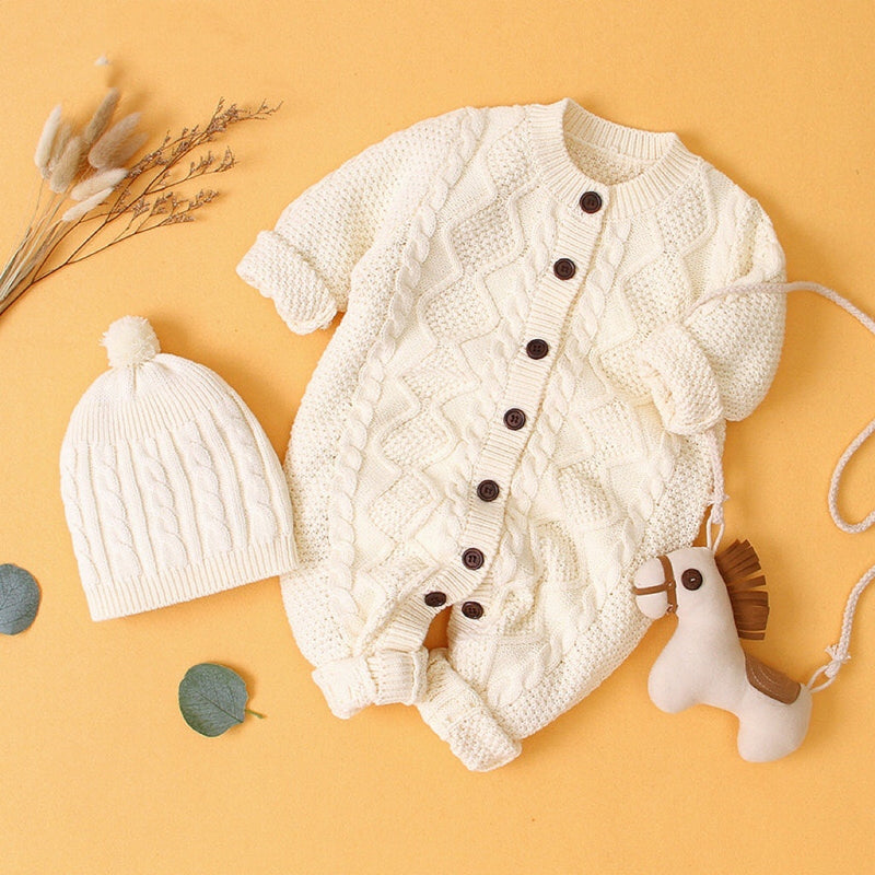 Baby Baby Cable Knitted Pattern Button Front Design Long Sleeve Warm Rompers & Hat, MyKids-USA®, Baby One-Pieces, MyKids-USA - - - - - - -