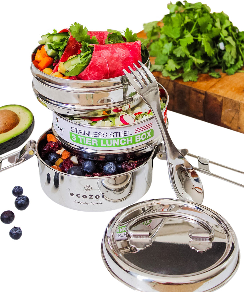 Stainless Steel Eco Lunch Box, 3 Tier Round with Spork, 40 Oz or 1200 ml freeshipping - ecozoi