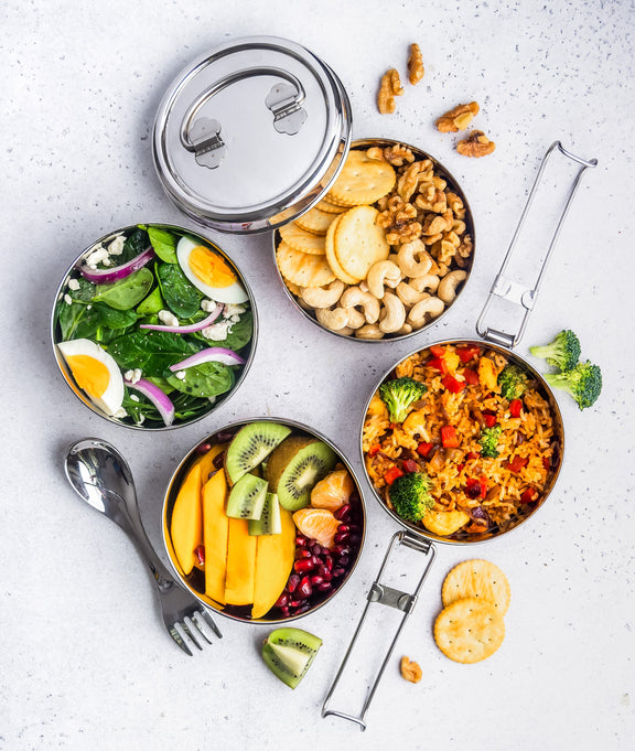 Stainless Steel Eco Lunch Box, 4 Tier Round with Spork, 55 Oz or 1600 ml freeshipping - ecozoi