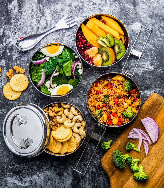 4 Container Round Stainless Steel Eco Lunch Box with Spork, 55 Oz or 1600 ml freeshipping - ecozoi