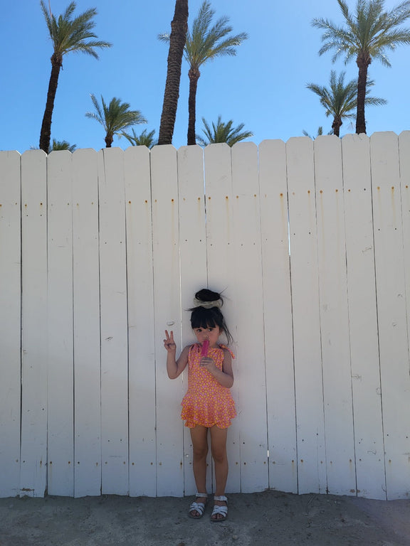 retro pink and yellow flower power two piece girls swimsuit