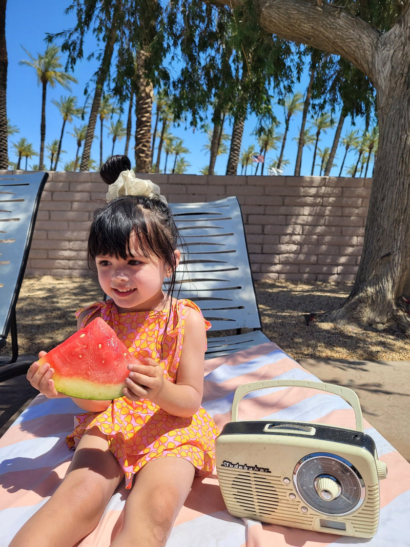 retro pink and yellow flower power two piece girls swimsuit