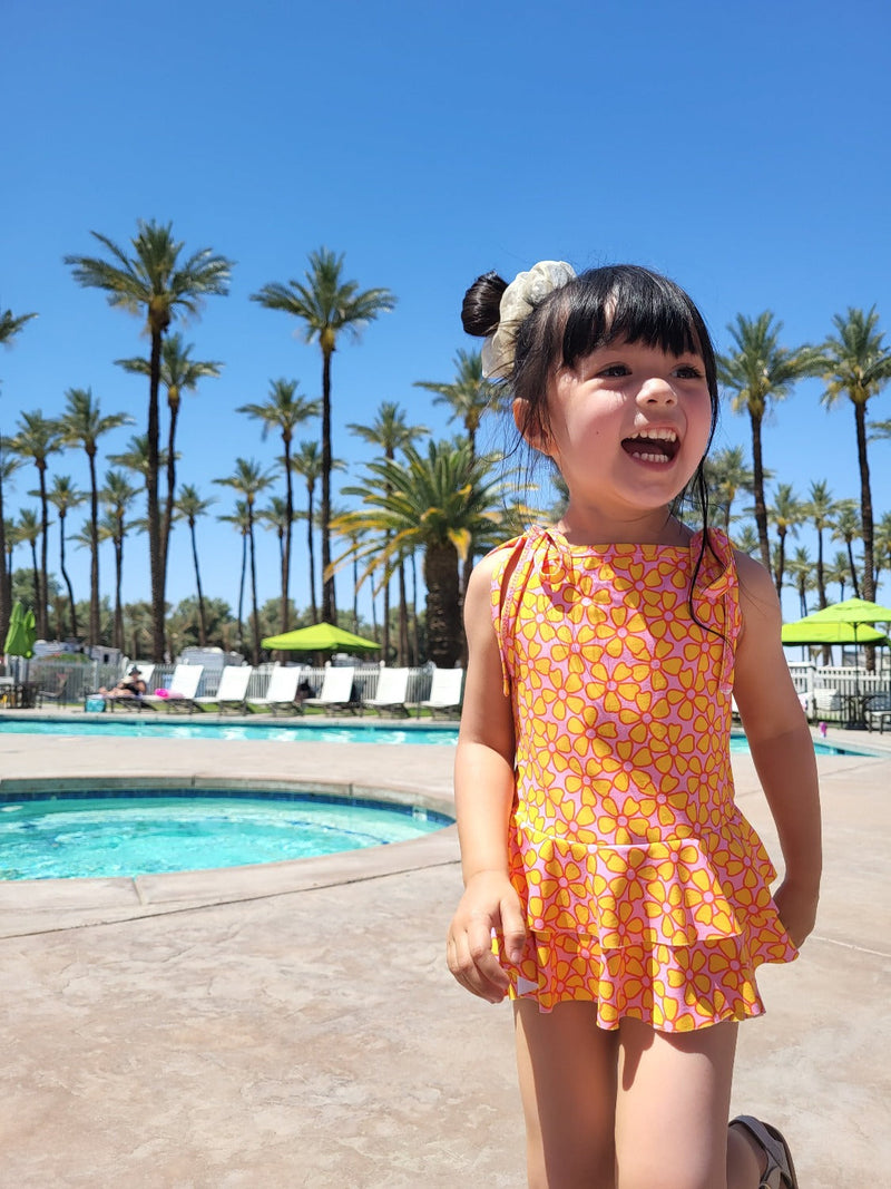 retro pink and yellow flower power two piece girls swimsuit