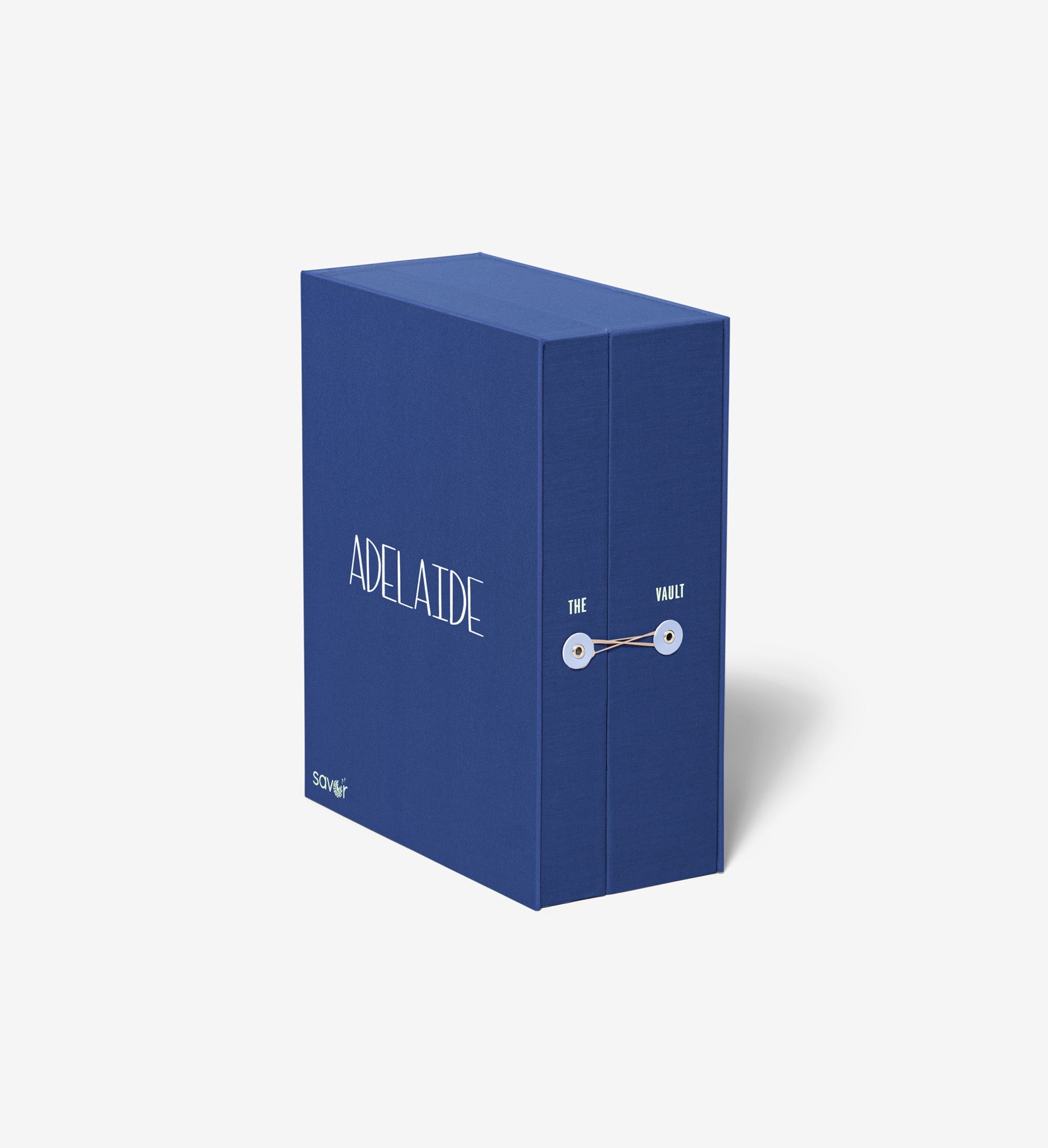 Three quarters view of Blue Vault closed personalized with Adelaide