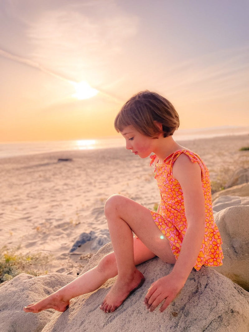 retro pink and yellow flower power two piece girls swimsuit