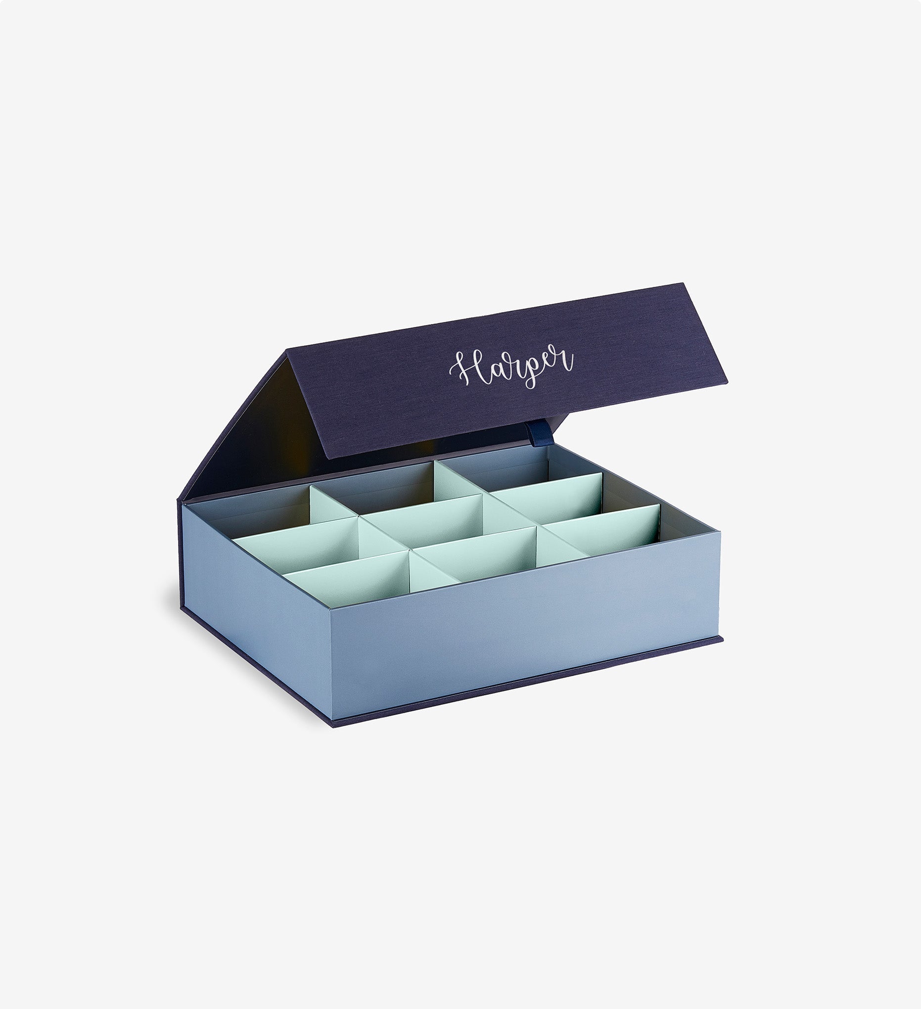 Something blue overflow box open personalized with 'Harper' on the flip