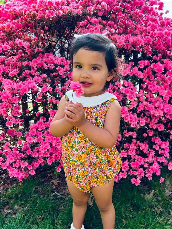 summer pink and yellow daisy baby girl romper