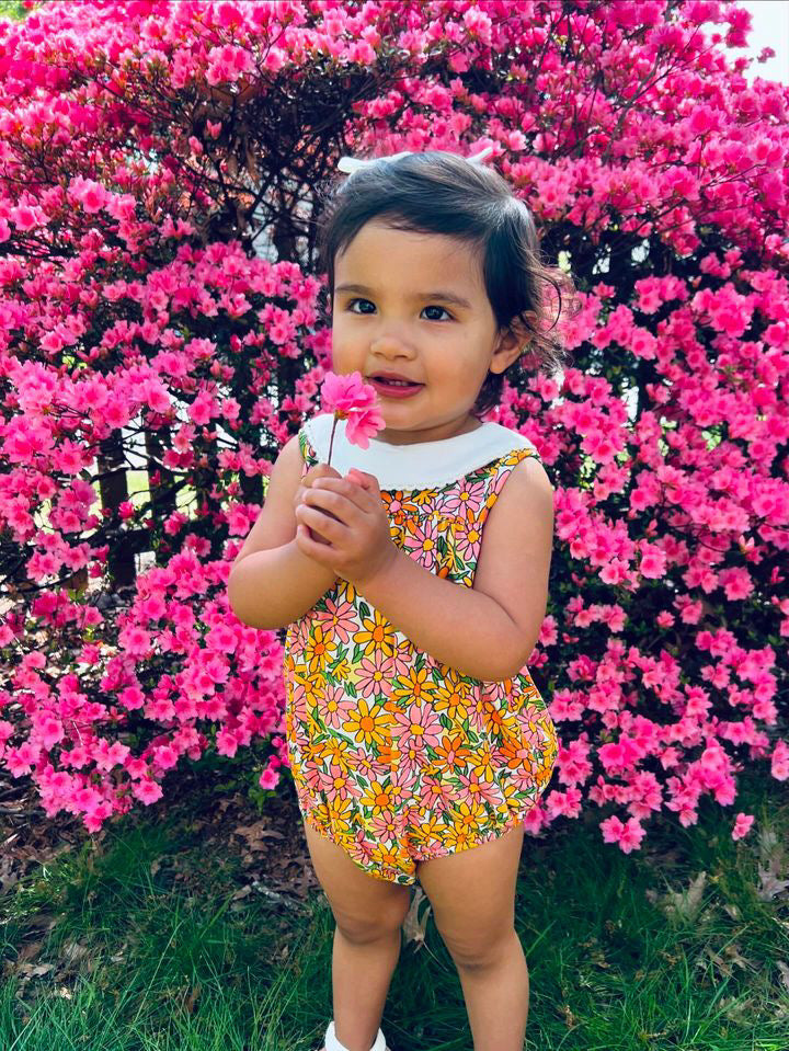 summer pink and yellow daisy baby girl romper