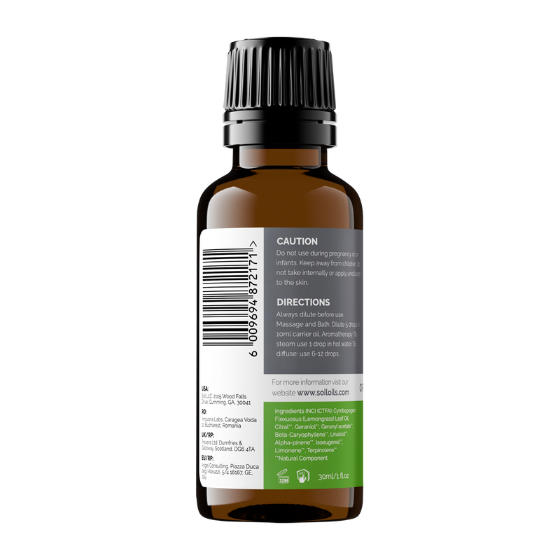 Organic Lemongrass Essential Oil (Cymbopogon citratus) — 30ml