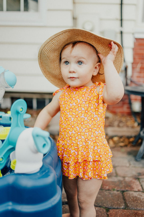 retro pink and yellow flower power two piece girls swimsuit
